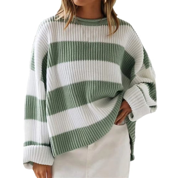 comerut Fall Winter Women Sweater Colorblock Knitted Thick Loose Warm Pullover Round Neck Elastic Soft Cozy Anti-shrink Long Sleeve Lady Sweater