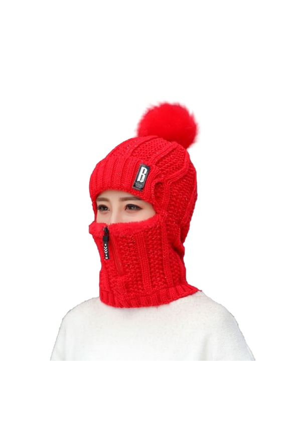 Fleece Lined Plush Ball Neck Warmer Cap Zipper Closure Warm Winter Face Cover Slouchy Beanie for Cycling