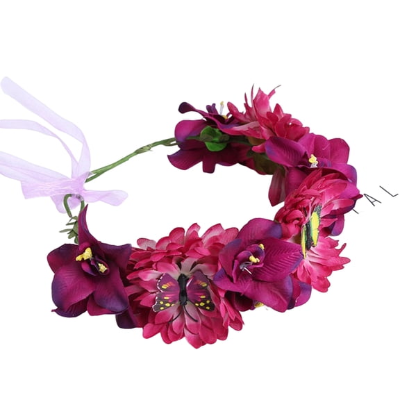 comerut Flower Crown Realistic Flower Lace Up Wedding Photo Prop Butterflies Head Bohemia Beach Party Bride Hair Accessory