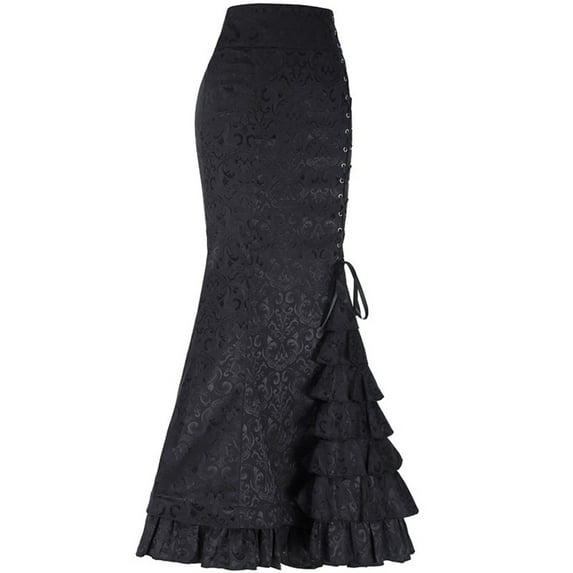 comerut Halloween Skirt Jacquard Fishtail Women Punk Style Vintage Ruffles Bodycon Skirt for Festival