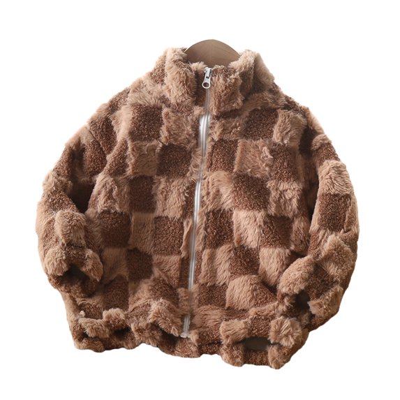 comerut Kids Fleece Jacket Plaid Fall Winter Thick Warm Stand Collar Zipper Solid Color Long Sleeves Casual Toddles Boys Girls Casual Plush Coat