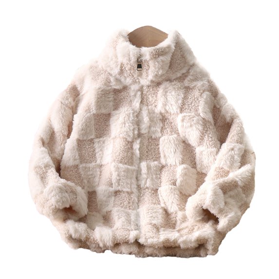 comerut Kids Fleece Jacket Plaid Fall Winter Thick Warm Stand Collar Zipper Solid Color Long Sleeves Casual Toddles Boys Girls Casual Plush Coat