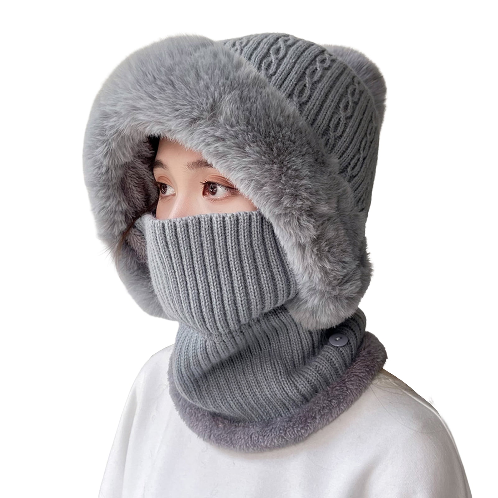 comerut Knitted Hat Multipurpose Pompom Plush Ears Protection Solid Color Autumn Winter Women Face Cover Neck Gaiter Warmer Beanie Cap for Ski