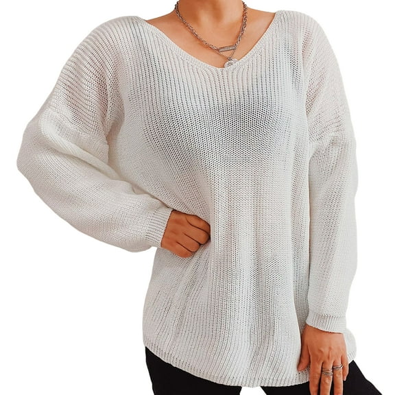 comerut Knitted Sweater Knitting V Neck Loose Fit Long Sleeves Stretchy Keep Warm Thin Style Women Oversized Slouchy Ribbed Knit Jumper Female Clothing