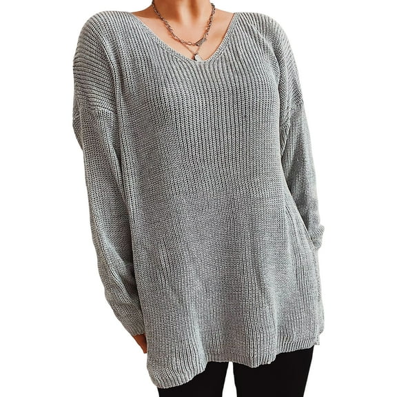 comerut Knitted Sweater Knitting V Neck Loose Fit Long Sleeves Stretchy Keep Warm Thin Style Women Oversized Slouchy Ribbed Knit Jumper Female Clothing