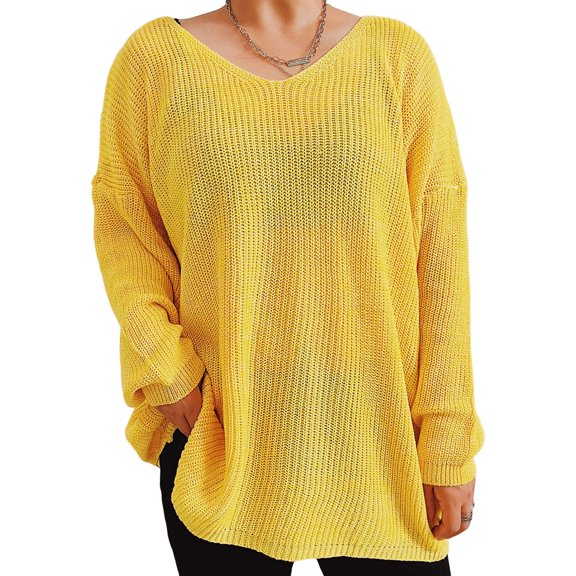 comerut Knitted Sweater Knitting V Neck Loose Fit Long Sleeves Stretchy Keep Warm Thin Style Women Oversized Slouchy Ribbed Knit Jumper Female Clothing