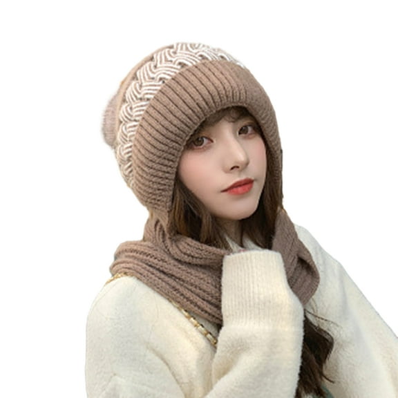 comerut Ladies Winter Hat Knitted Thick Color Block Windproof Warm Soft Ear Protection Plush Ball Decor Elastic Anti-slip Beanie Scarf Combo Women Cap