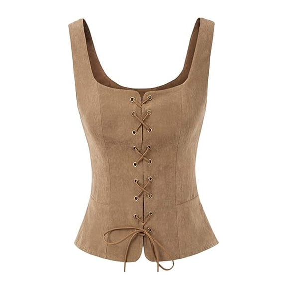 comerut Lady Vest Lace-up Strap Renaissance Vinatge Square Neck Sleeveless Medieval Slim Fit Solid Color Halloween Cosplay Performance Top