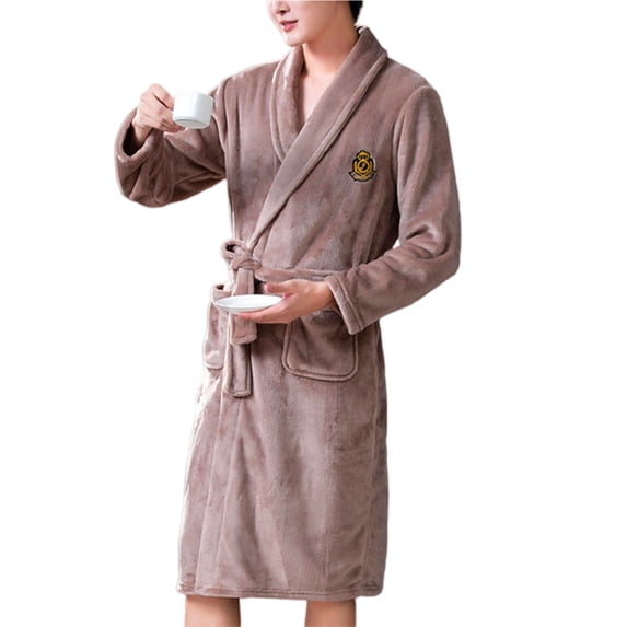 comerut Long Sleeve Pockets Belt Embroidery Print Flannel Bathrobe Men Winter Warm Lapel Double Sided Fleece Nightgown Home Wear