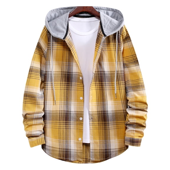 comerut Men Autumn Coat Contrast Color Hooded Plaid Print Casual Drawstring Warm Long Sleeves Single-breasted Shirt Coat for Outdoor