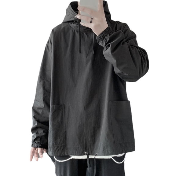 comerut Men Autumn Hoodie Solid Color Hooded Long Sleeve Drawstring Elastic Cuff Warm Loose Comfortable Fall Hoodie Men Clothes