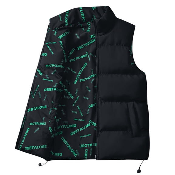 comerut Men Autumn Winter Cotton Waistcoat Stand Collar Sleeveless Double-sided Printing Zipper Placket Pocket Vest Coat Warm Cotton-padded Vest Streetwear