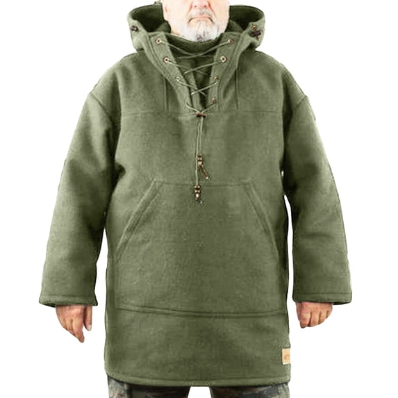 comerut Men Autumn Winter Mid-length Sweatshirt Hooded Lace-up Long Sleeve Front Pocket Hoodie Solid Color Thick Warm Pullover Top