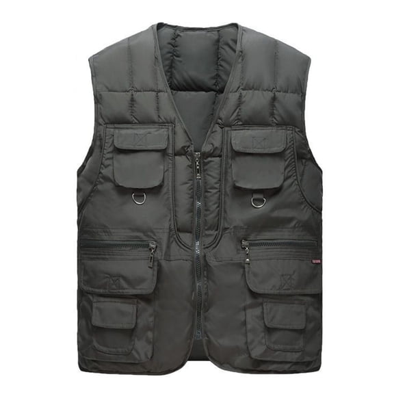 comerut Men Autumn Winter Vest with Multiple Pockets Zipper Closure Sleeveless Solid Color Winter Warm Coat Fashion Clothing