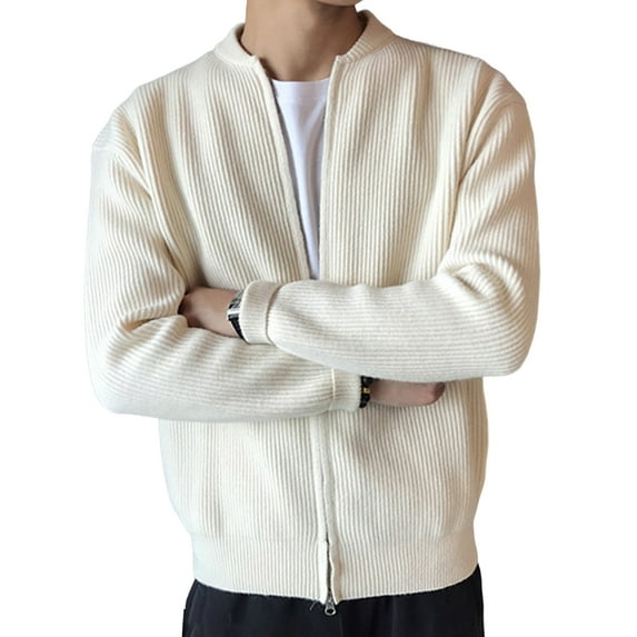 comerut Men Coat Zipper Closure Stand Collar Long Sleeves Ribbed Soft Keep Warm Solid Color Autumn Winter Cardigan Sweater Jacket for Daily