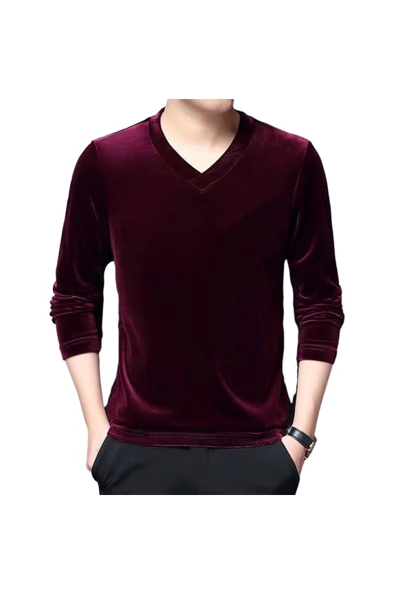 Men Fall Spring Top V Neck Pullover Solid Color Long Sleeve Velvet Slim Fit Mid Length Soft Warm Casual Men Winter T-shirt