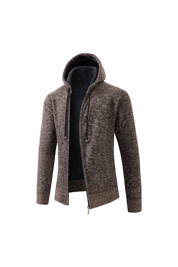 Men Fall Winter Cardigan Coat Drawstring Hooded Thick Velvet Lining Ribbed Cuffs Hem Solid Color Knitted Zipper Closure Long Sleeves Warm Pockets Daily Wear Jacket