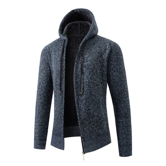 comerut Men Fall Winter Cardigan Coat Drawstring Hooded Thick Velvet Lining Ribbed Cuffs Hem Solid Color Knitted Zipper Closure Long Sleeves Warm Pockets Daily Wear Jacket