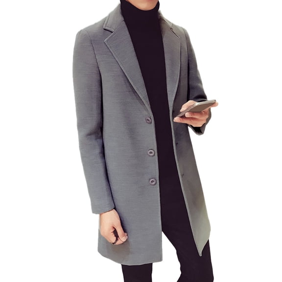 comerut Men Fall Winter Overcoat Single-breasted Solid Color Long Sleeve Turn-down Collar Mid Length Thick Warm Windproof Cardigan Coat