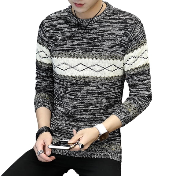 comerut Men Fall Winter Sweater Round Neck Long Sleeve Color Matching Geometric Print Knitted Elastic Pullover Thick Slim Fit Warm Ethnic Style Pullover Men Sweater