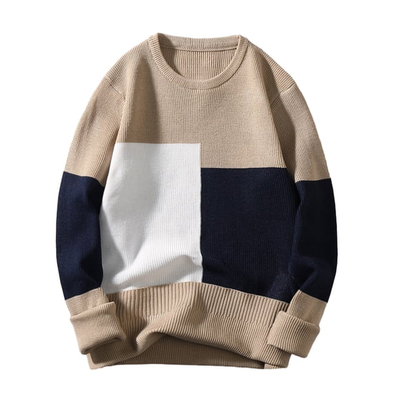 comerut Men Fall Winter Sweater Thick Knitted Colorblock Long Sleeve Patchwork Round Neck Loose Pullover Elastic Loose Warm Sweater