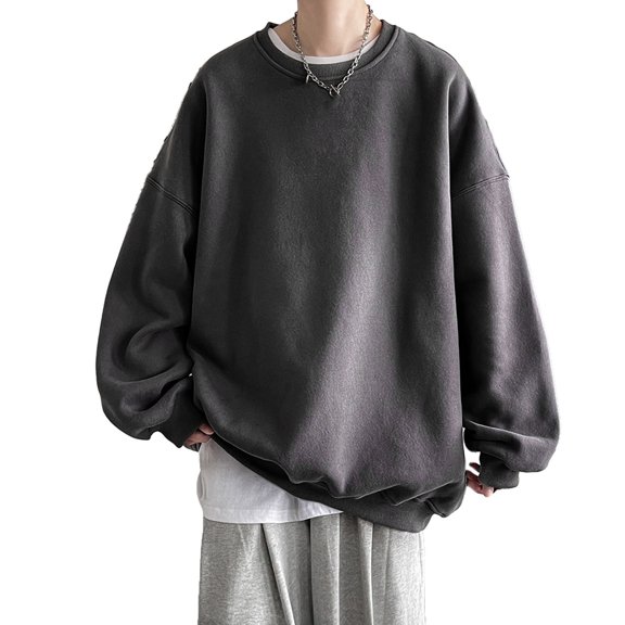 comerut Men Fall Winter Sweatshirt Loose Solid Color Round Neck Long Sleeve Thick Warm Soft Unisex Casual Simple Style Couple Top