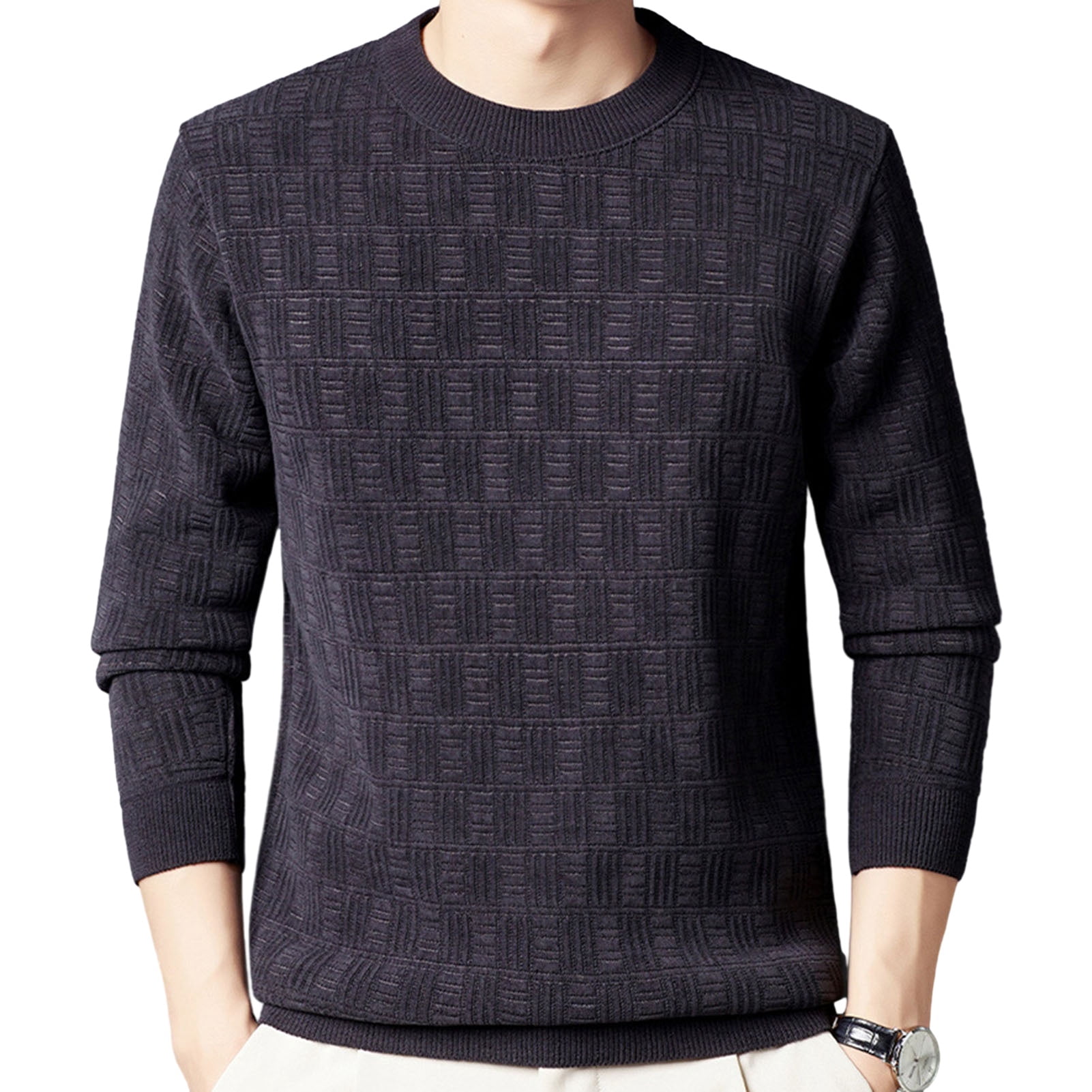 comerut Men Fall Winter Top Round Neck Thick Warm Soft Solid Color Long ...