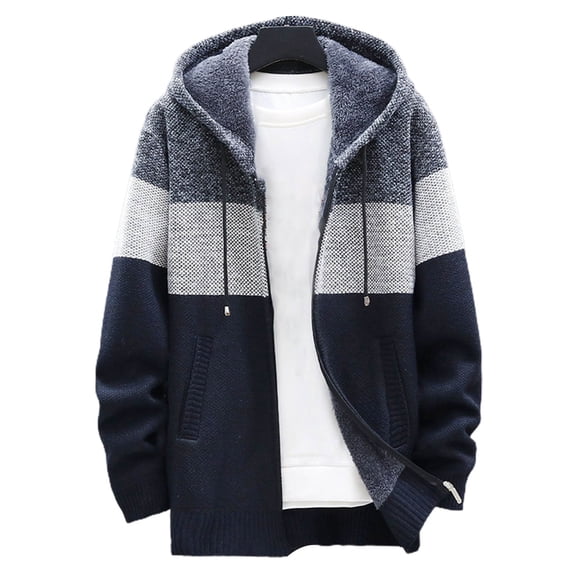 comerut Men Hooded Coat Color Block Knitted Autumn Winter Thicken Plush Lining Warm Cardigan Sweater for Office