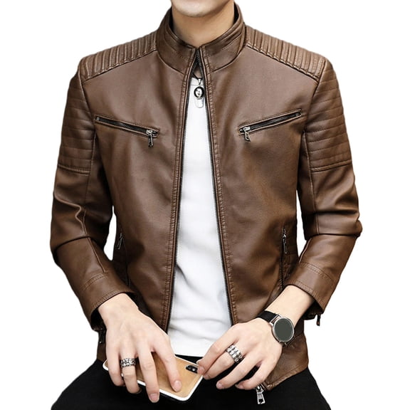 comerut Men Jacket Stand Collar Vintage Biker Coat Men Durable Spring Autumn Warm Coat for Outdoor Daily Wear