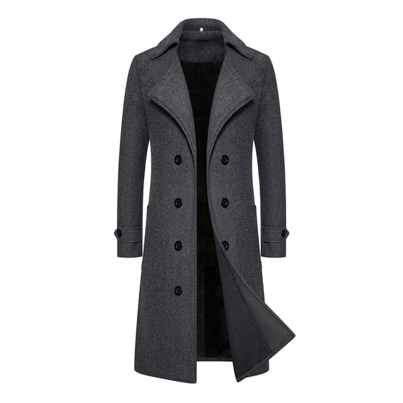 comerut Men Overcoat Double-breasted Slim Fit Mid Length Long Sleeve Thick Windproof Warm Soft Solid Color Cardigan Buttons Lapel Men Long Coat