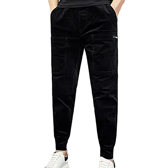 comerut Men Pants Multi Pockets Solid Color Elastic Waist Slim Fit Soft Warm Hip Hop Plus Size Corduroy Harem Pants for School