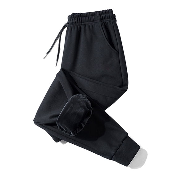comerut Men Pants Solid Color Pocket Elastic Waist Plush Thicken Keep Warm Drawstring Plus Size Men Sweatpants for Sports