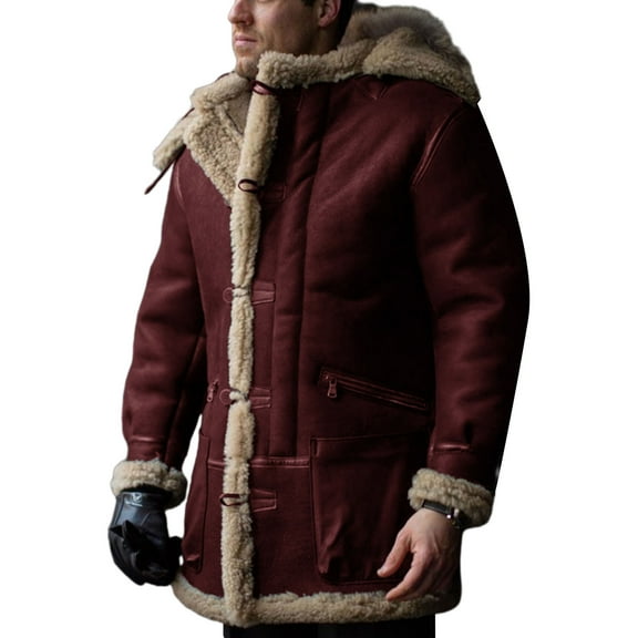 comerut Men Retro Hooded Winter Jacket Lapel Single Breasted Button Closure Warm Imitation Wool Coat with Pockets