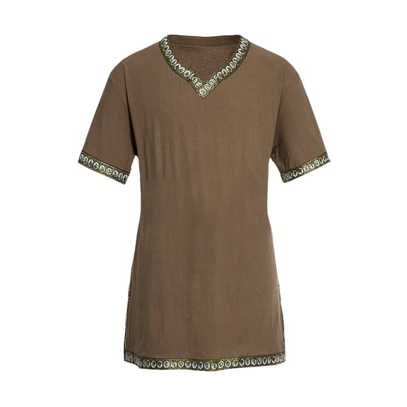 comerut Men Shirt Medieval Vintage Style Printed Cuff And Hem Short Sleeves V Neck Mid Length Viking Halloween Cosplay Pirate Warrior Knight Top