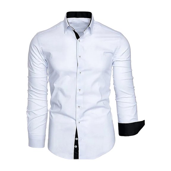 comerut Men Shirt Turn-down Collar Single-breasted Color Matching Long Sleeve Warm Cardigan Slim Fit Buttons Formal Business Style Office Shirt