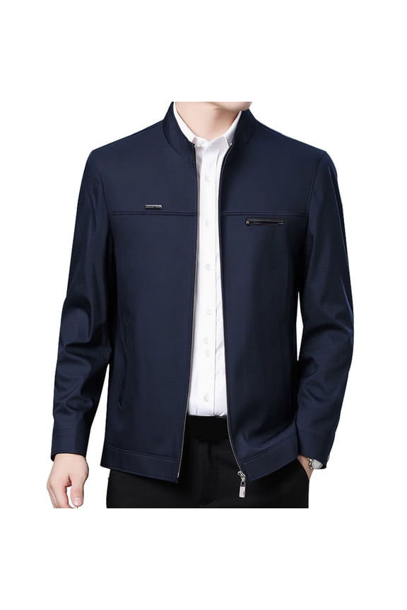 Men Spring Fall Coat Stand Collar Mid-aged Father Jacket Solid Color Long Sleeve Smooth Zipper Closure Warm Business Style Pockets Men Winter Jacket