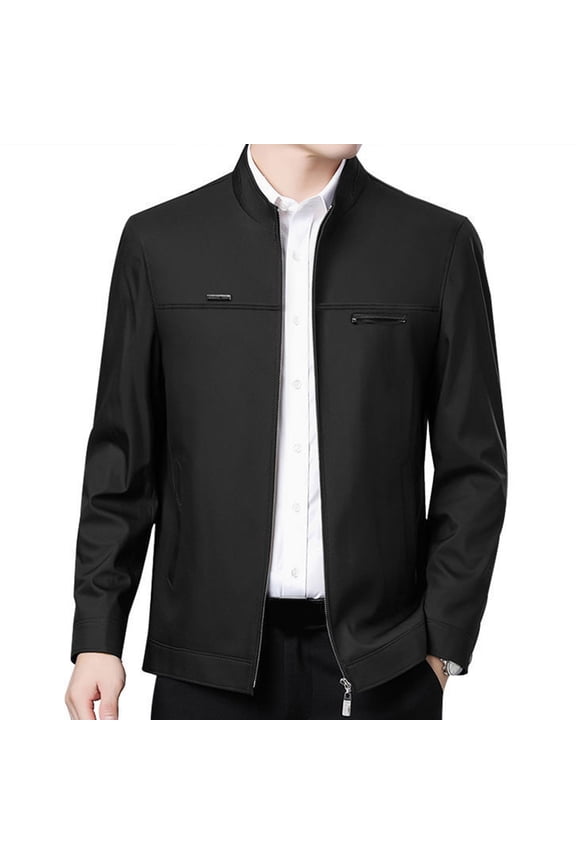 Men Spring Fall Coat Stand Collar Mid-aged Father Jacket Solid Color Long Sleeve Smooth Zipper Closure Warm Business Style Pockets Men Winter Jacket