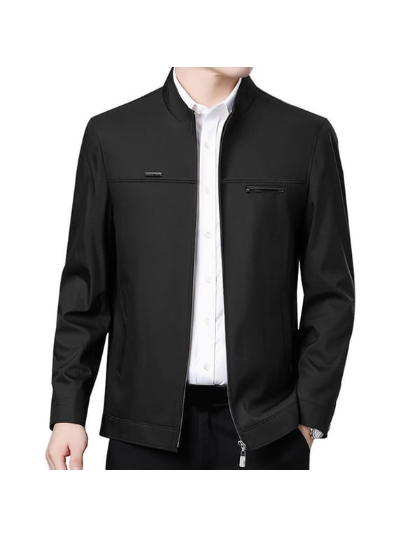 Men Spring Fall Coat Stand Collar Mid-aged Father Jacket Solid Color Long Sleeve Smooth Zipper Closure Warm Business Style Pockets Men Winter Jacket