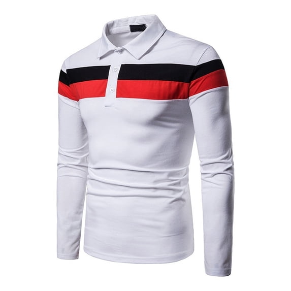 comerut Men Spring T-shirt Color Block Slim Fit Turn-down Collar Long Sleeves Pullover Keep Warm Buttons Striped Spring Fall Top Men Clothes