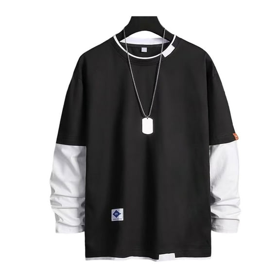 comerut Men Spring T-shirt Fake Two-piece Round Neck Long Sleeves Loose Pullover Keep Warm Contrast Color Friendly to Skin Men Top Men Clothes