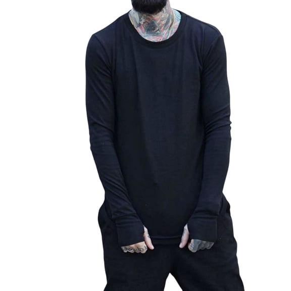 comerut Men Spring T-shirt Long Sleeve Round Neck Solid Color Pullover Soft Warm Loose Thumb Hole Men T-shirt Men Clothes