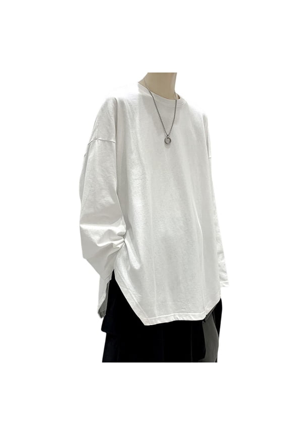 Men Spring T-shirt Solid Color Split Hem Loose Pullover Round Neck Keep Warm Mid Length Comfortable Men Spring Top Men Clothing