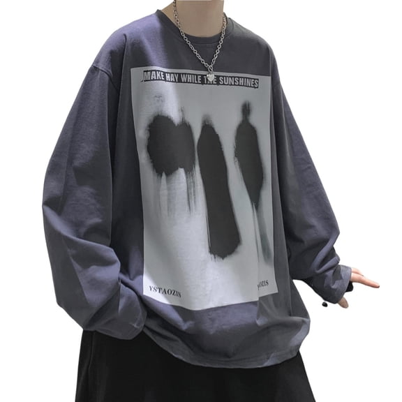 comerut Men Spring Top Long Sleeve Round Neck Pullover Hip Hop Loose Warm Vintage Abstract Print Fall T-shirt Men Clothes
