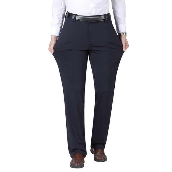 comerut Men Suit Pants Straight Slim Fit Pure Color High Waist Deep Crotch Thickened Plush Warm Pockets Formal Business Style Father Office Trousers