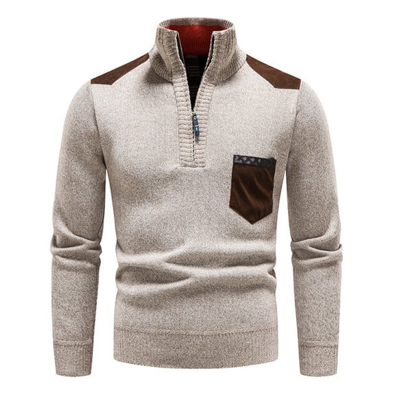 comerut Men Sweater Contrast Colors High Collar Pockets Zipper Long Sleeves Elastic Casual Keep Warm Anti-shrink Spring Sweater for Home