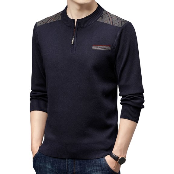 comerut Men Sweater Round Neck Pullover Long Sleeve Zipper Elastic Warm Anti-pilling Large Size Spring Top Daily Life Clothes