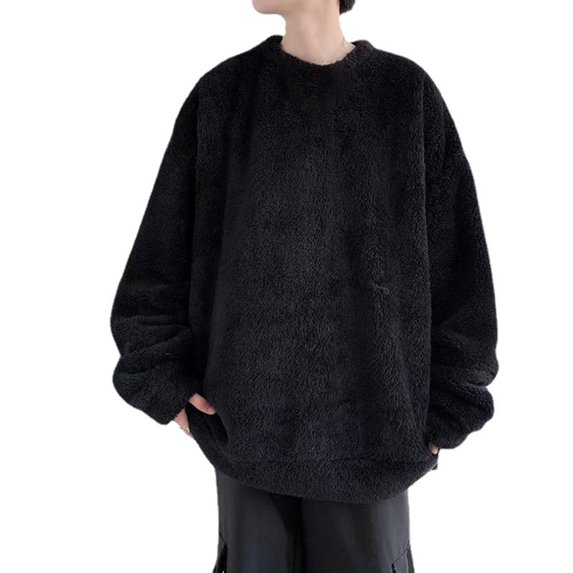 comerut Men Sweatshirt Keep Warm Solid Color Long Sleeves Loose Pullover Plush Thick Soft Comfortable Men Winter Tops for Outdoor