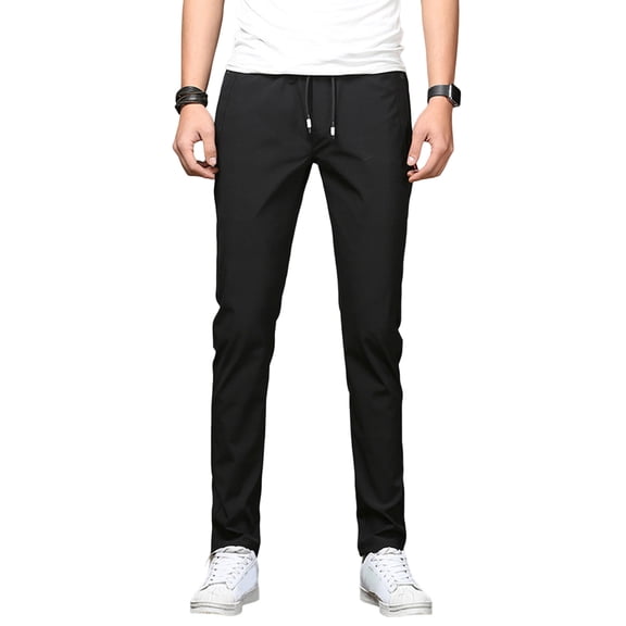 comerut Men Trousers Solid Color Pocket Elastic Waist Plush Slim Fit Keep Warm Drawstring Mid Waist Men Sweatpants for Dating