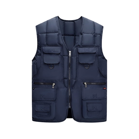 comerut Men Waistcoat V-Neck Sleeveless Zipper Placket Vest Coat with Multi Pockets Solid Color Windproof Warm Down Vest Jacket