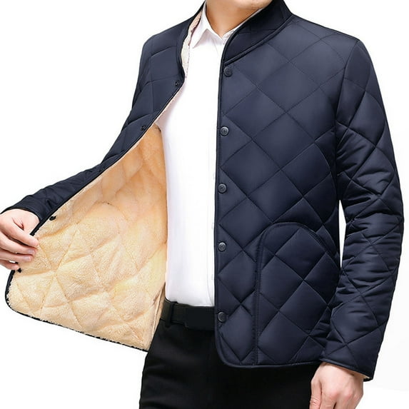 comerut Men Winter Fall Coat Thick Plush Padded Stand Collar Neck Protection Warm Long Sleeve Pure Color Plus Size Soft Single-breasted Pockets Cardigan Jacket